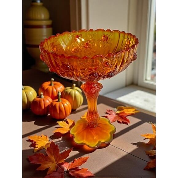 Fenton Tangerine Amberina Rose Compote Pedestal Candy Dish-Vintage MCM-UV Glow - Picture 2 of 10